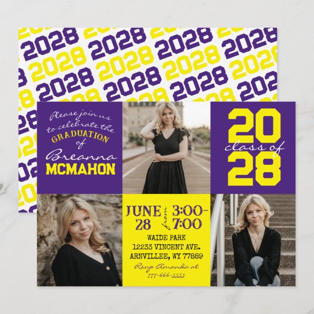 Invitation de graduation de photos violet et jaune (Devant / Derrière)