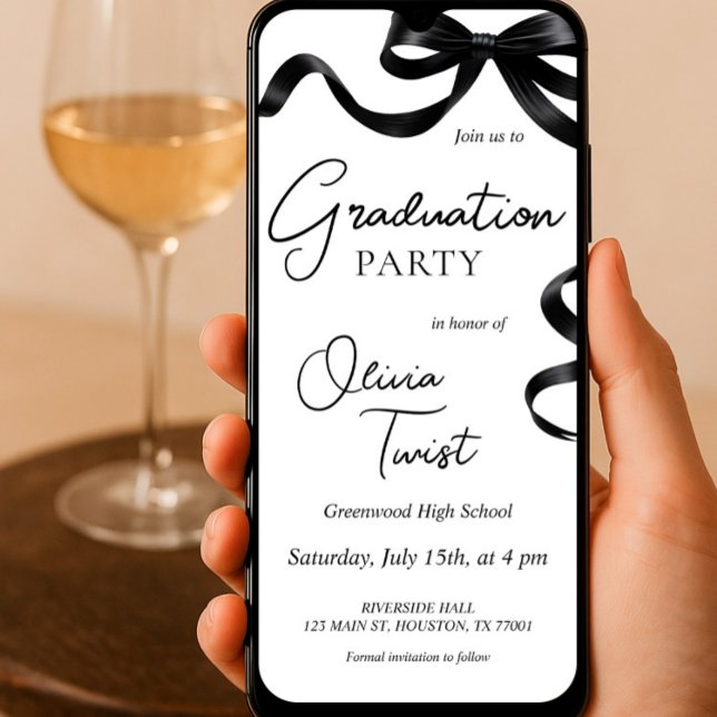 Invitation de graduation électronique Black Bow (Electronic Graduation Invitation Black Bow Editable Template, Ribbon Grad Digital Invite, College)