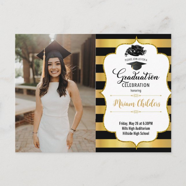 Invitation de graduation en noir et or avec photo (Devant)