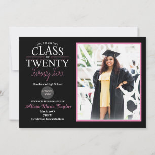 Invitation de graduation en noir et rose avec phot
