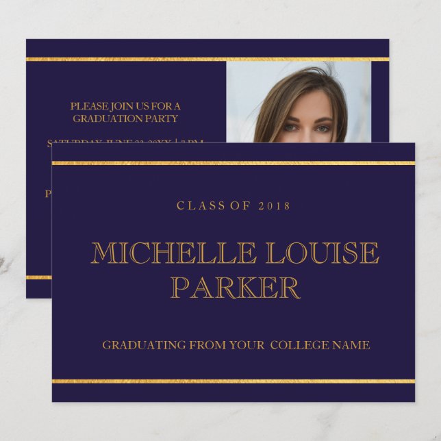 Invitation de graduation Gold Blue intemporelle (Devant / Derrière)