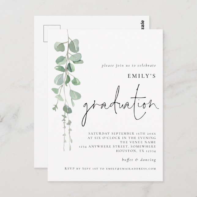 Invitation de graduation moderne Eucalyptus Script (Devant / Derrière)