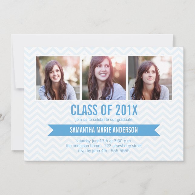 Invitation de graduation photo Chevron 3 - Bleu (Devant)