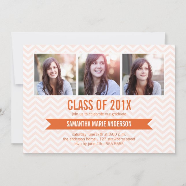 Invitation de graduation photo Chevron 3 - Orange (Devant)