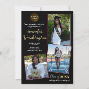 invitation de graduation photo en noir et or