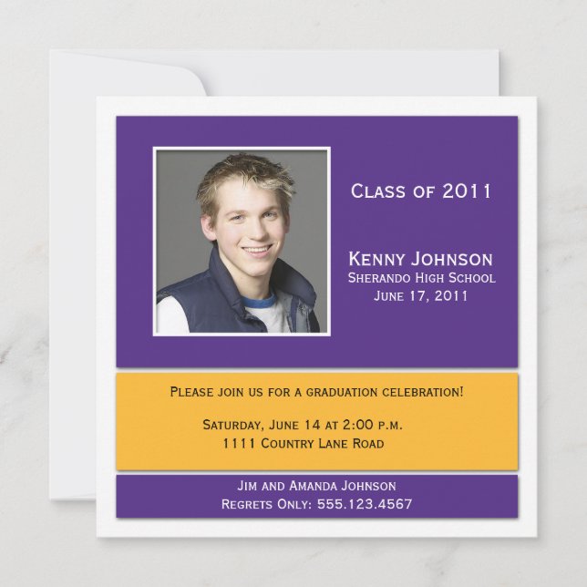 Invitation de graduation photo violet et or (Devant)