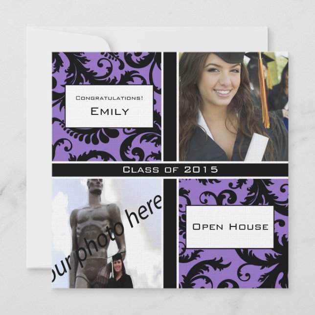 Invitation de graduation pourpre & noir Damask (Devant)
