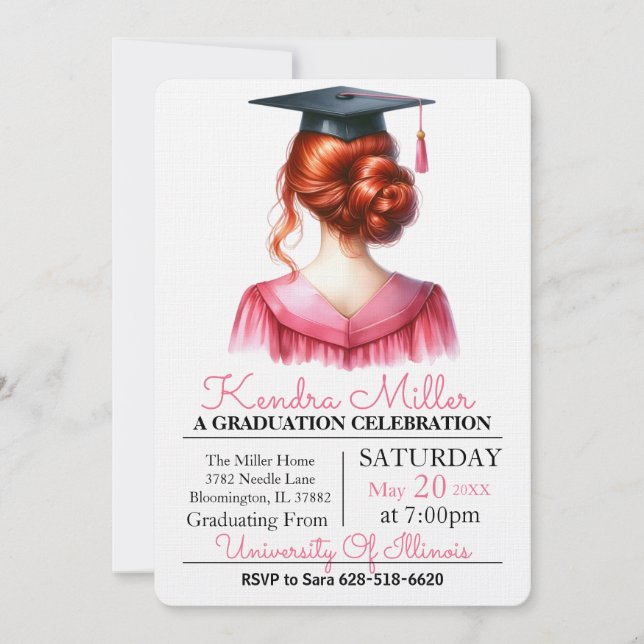 Invitation de graduation rose et noir Aquarelle (Devant)
