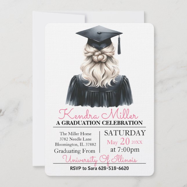 Invitation de graduation rose et noir Aquarelle (Devant)