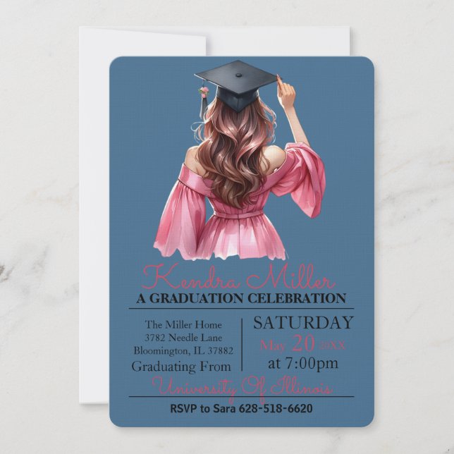 Invitation de graduation rose et noir Aquarelle (Devant)