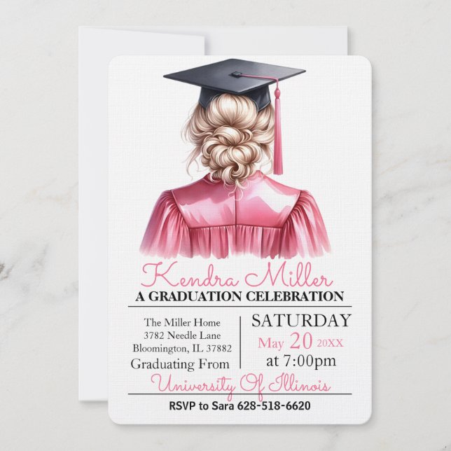 Invitation de graduation rose et noir Aquarelle (Devant)