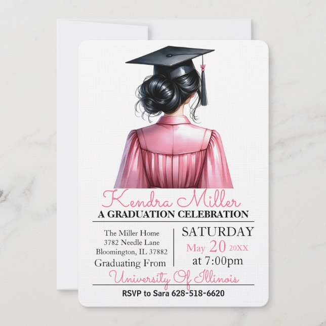 Invitation de graduation rose et noir Aquarelle (Devant)
