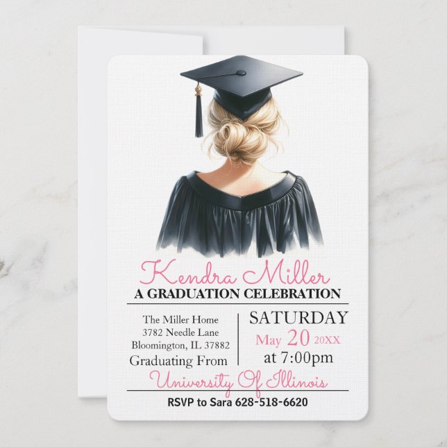 Invitation de graduation rose et noir Aquarelle (Devant)