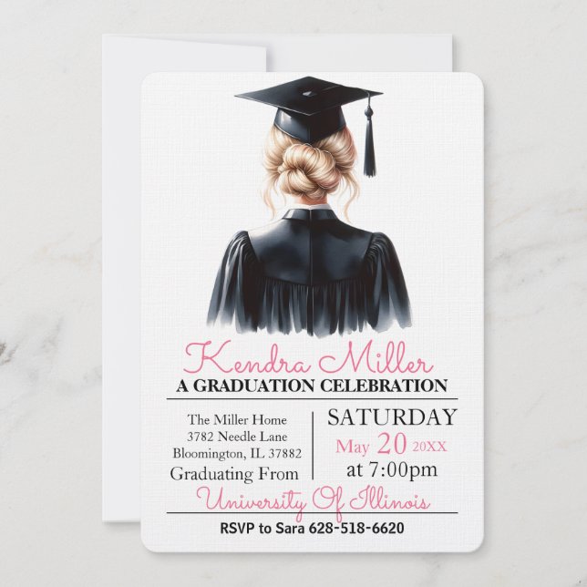 Invitation de graduation rose et noir Aquarelle (Devant)