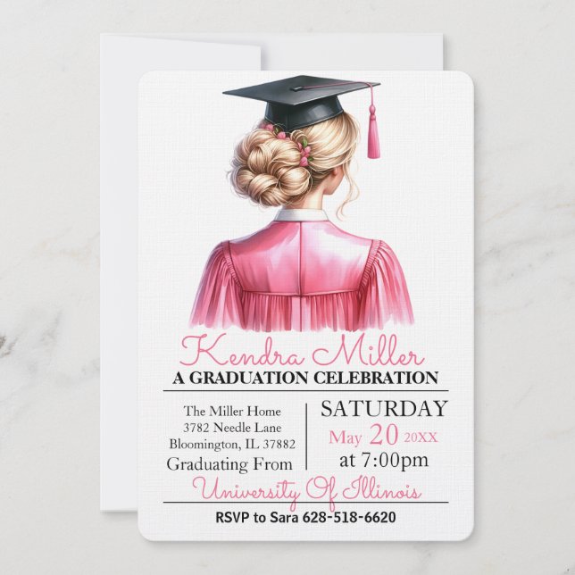 Invitation de graduation rose et noir Aquarelle (Devant)