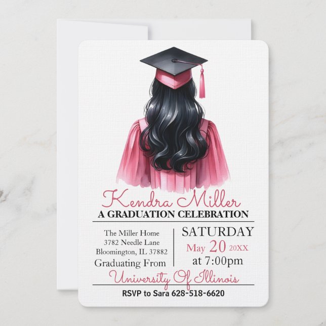 Invitation de graduation rose et noir Aquarelle (Devant)