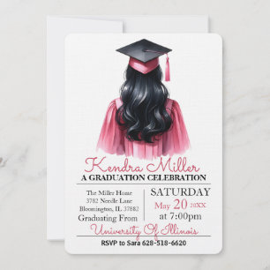 Invitation de graduation rose et noir Aquarelle