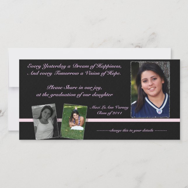 Invitation de graduation rose et noir pour Maci (Devant)