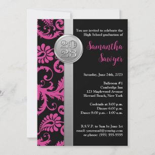 Invitation de graduation rose, noir et argent