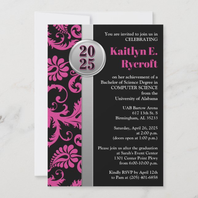 Invitation de graduation rose, noir et argent 2024 (Devant)