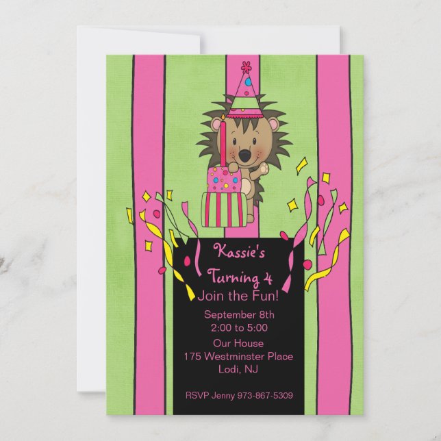 Invitation de Hérisson d'anniversaire rose et vert (Devant)