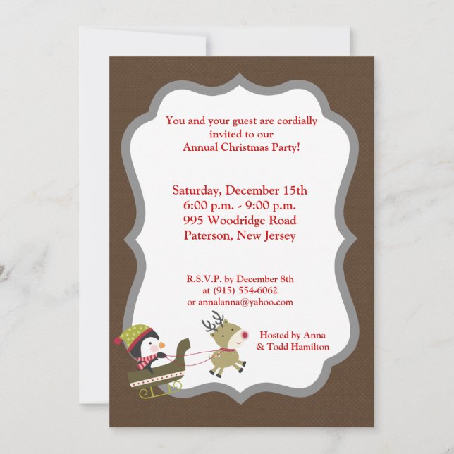 invitation de jeux de Noël du pingouin 5x7/renne (Devant)