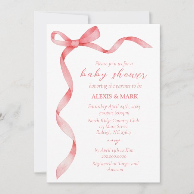 Invitation de la Bow rose pour le Baby shower (Devant)