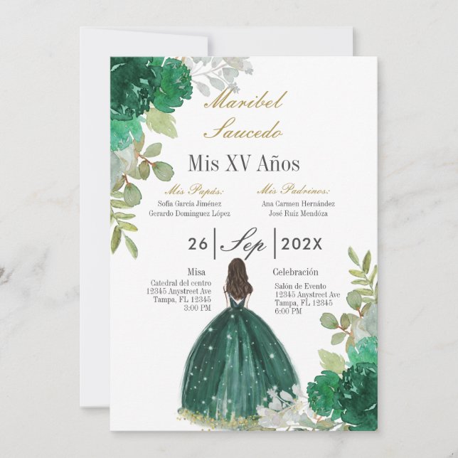 Invitation de la costume verte quinceañera (Devant)