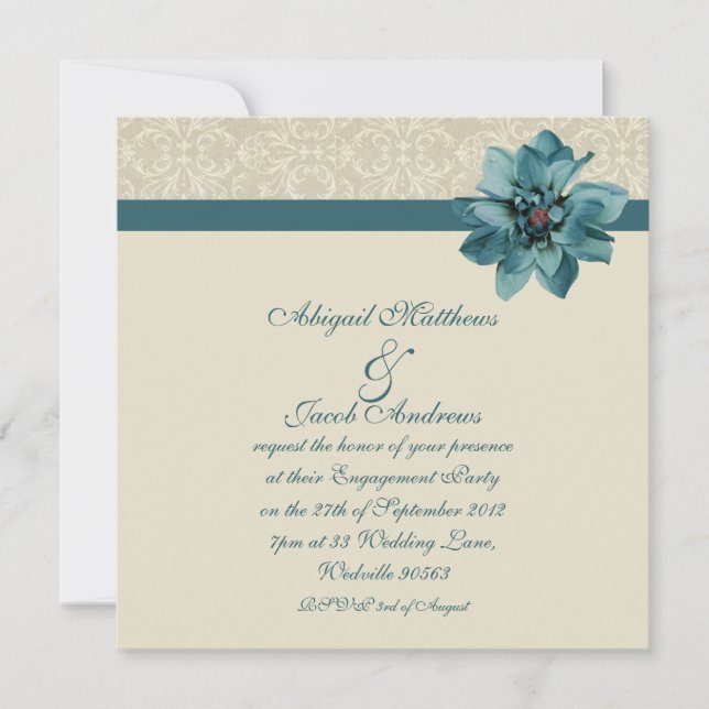 Invitation de la Cream Damask And Turquoise Blue E (Devant)