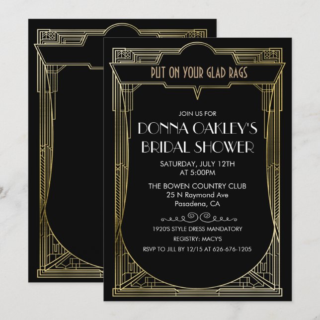 Invitation de la douche nuptiale Gatsby Art Déco (Devant / Derrière)