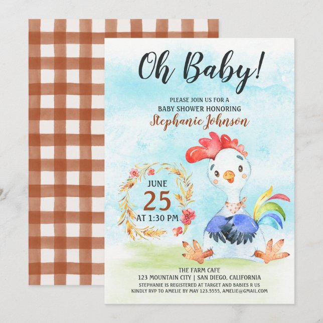 Invitation de la ferme de Baby shower de coq d'aqu (Devant / Derrière)