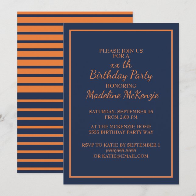Invitation de la fête d'anniversaire Bleu Orange N (Devant / Derrière)