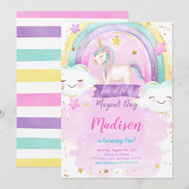 Invitation de la fête d'anniversaire de la Unicorn (Devant / Derrière)