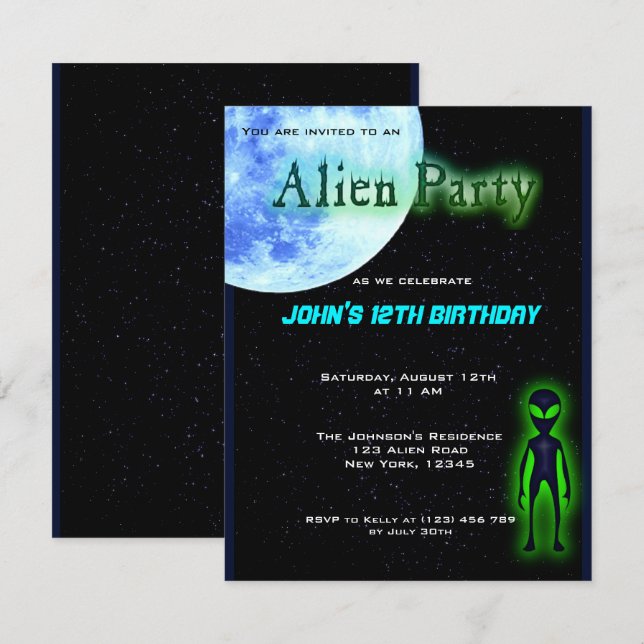 Invitation de la fête d'anniversaire des Aliens su (Devant / Derrière)