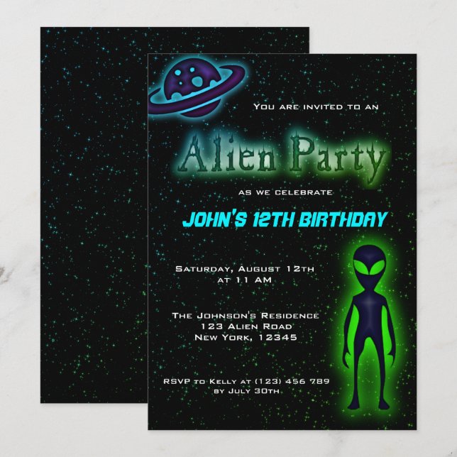 Invitation de la fête d'anniversaire des Aliens su (Devant / Derrière)