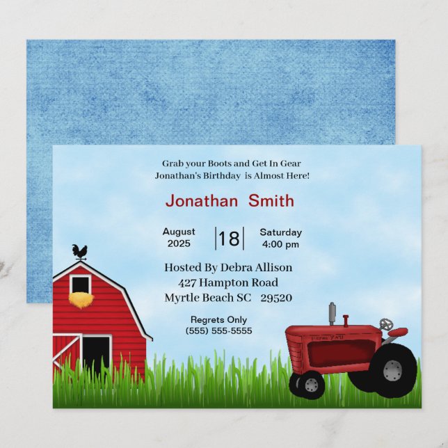 Invitation de la fête d'anniversaire du tracteur r (Devant / Derrière)
