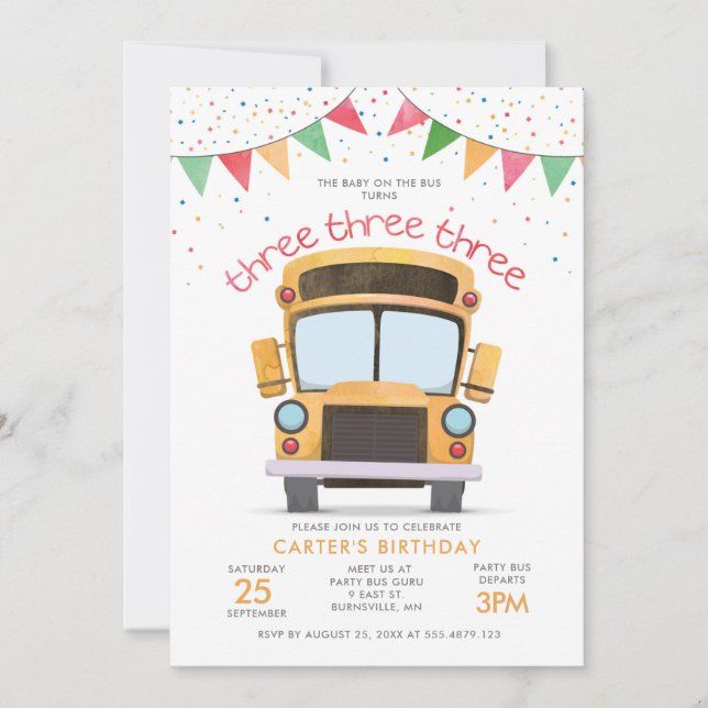 Invitation de la fête d'autobus du 3e anniversaire (Devant)