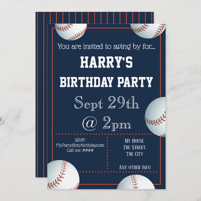 Invitation de la fête de baseball (Devant / Derrière)