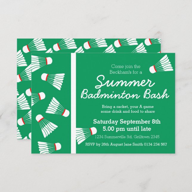 Invitation de la fête de bash badminton d'été vert (Devant / Derrière)