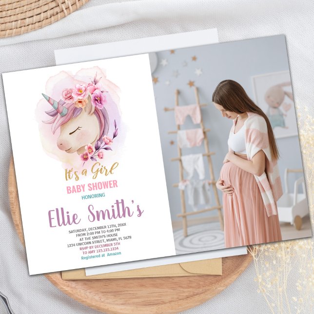 Invitation de la fête de bébé magique personnalisé (Floral Unicorn Baby Shower Invitations with photo)