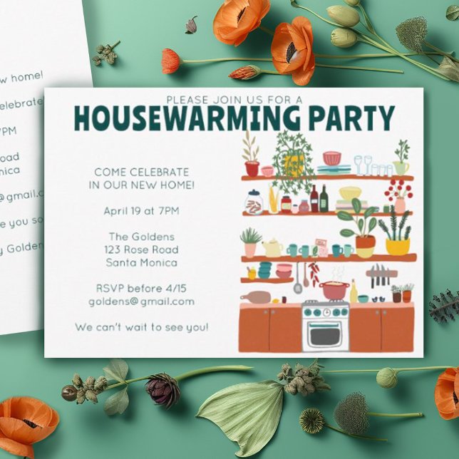 Invitation de la fête de chauffage domestique Cuis (Cute charming whimsical kitchen illustration on these custom housewarming party invitations)
