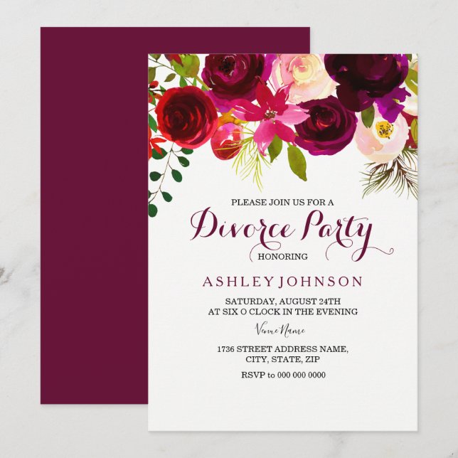 Invitation de la fête de divorce Boho Floral Rouge (Devant / Derrière)
