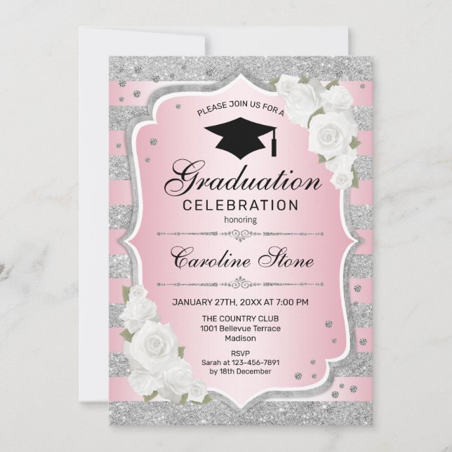 Invitation de la fête de graduation - Argent rose (Devant)