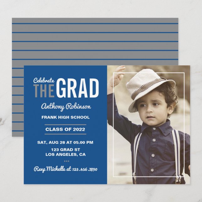 Invitation de la fête de graduation bleu et gris (Devant / Derrière)