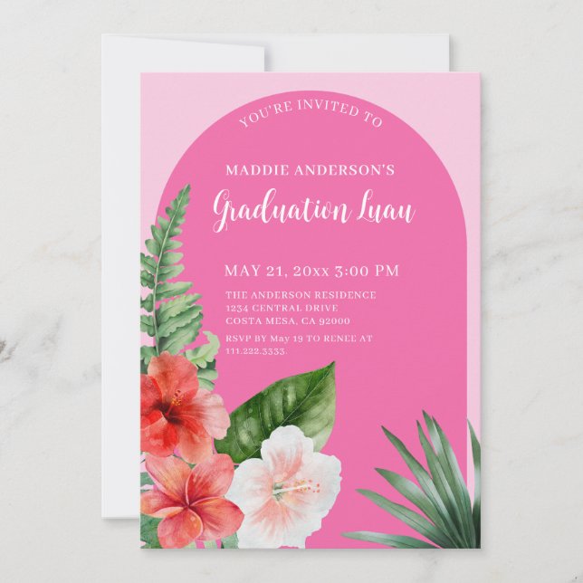 Invitation de la fête de graduation rose tropicale (Devant)