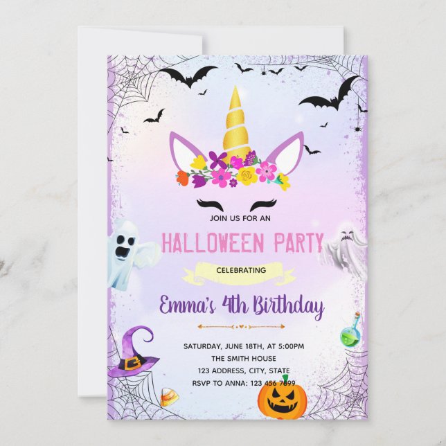 Invitation de la fête de la licorne d'Halloween (Devant)