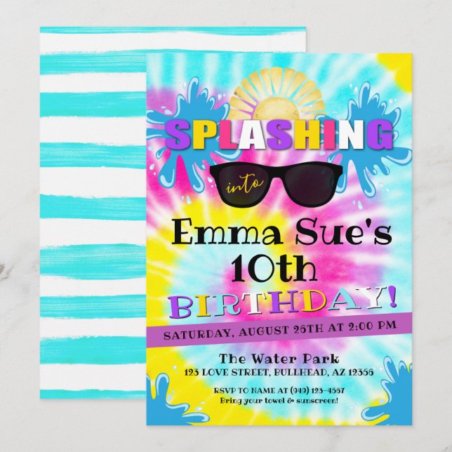 Invitation de la fête de la piscine d'eau Tie Dye (Devant / Derrière)