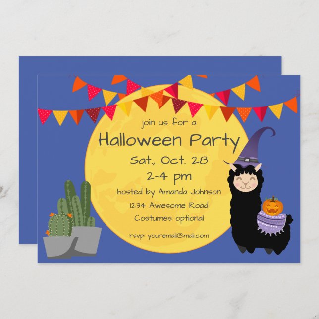 Invitation de la fête de Llama Halloween (Devant / Derrière)