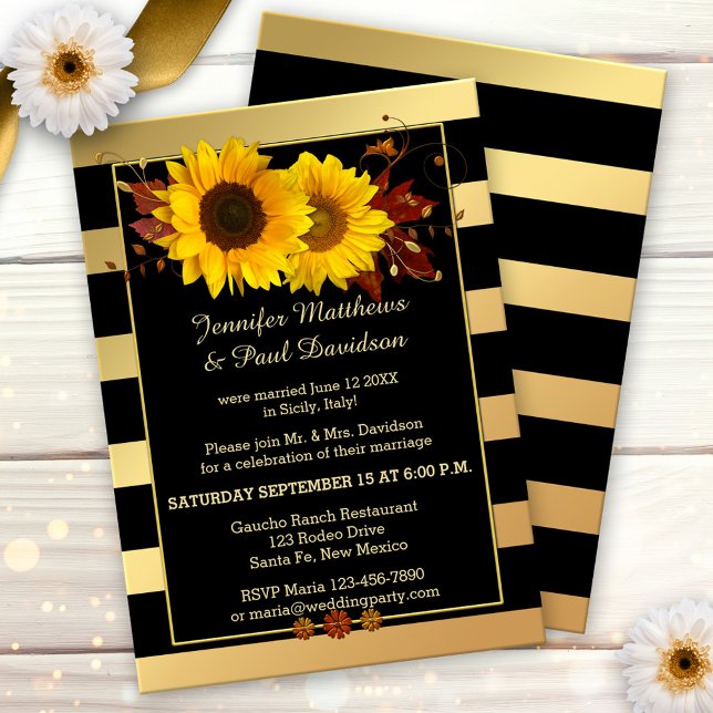 Invitation de la fête de mariage moderne Sunflower (Chic gold black striped after wedding invitation with sunflowers)