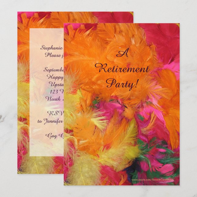 Invitation de la fête de retraite, orange, plumes  (Devant / Derrière)